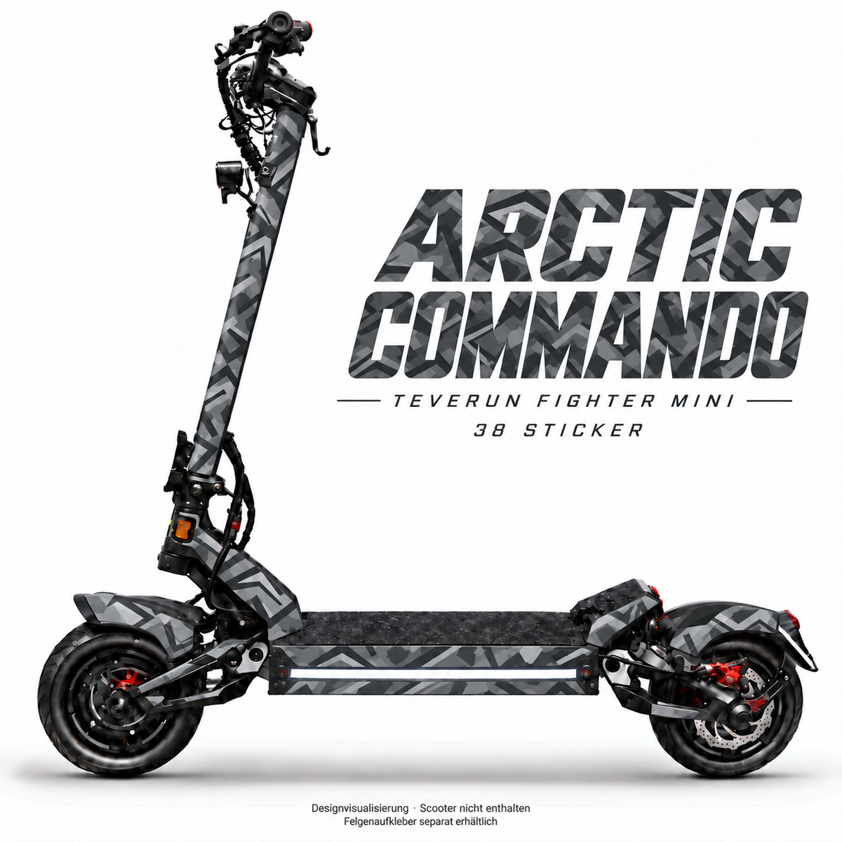 ARCTIC COMMANDO Skin am Teverun Fighter Mini – Designvisualisierung, Felgenaufkleber separat