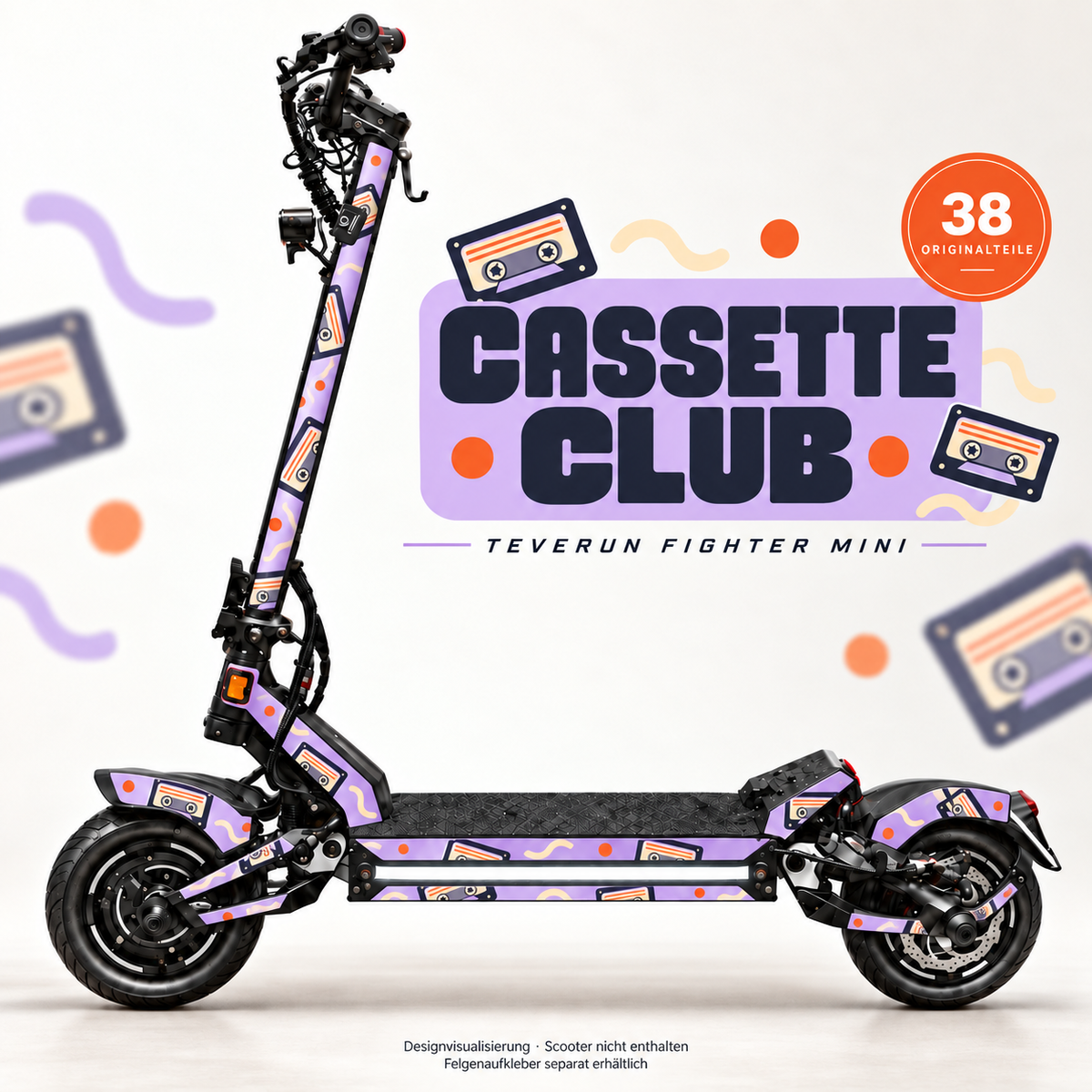 CASSETTE CLUB Skin für Teverun Fighter Mini. Felgenaufkleber separat erhältlich.