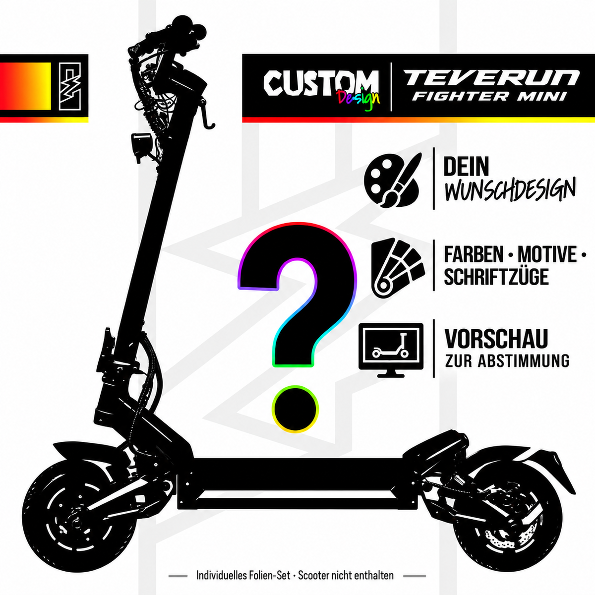 Teverun Fighter Mini Custom-Design – Wunschfarben, Motive, Schriftzüge und Vorschau zur Abstimmung
