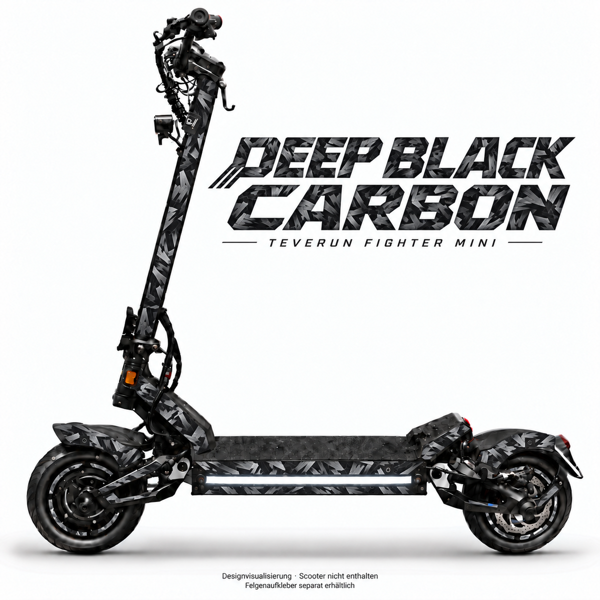 DEEP BLACK CARBON Skin für Teverun Fighter Mini. Felgenaufkleber separat erhältlich.