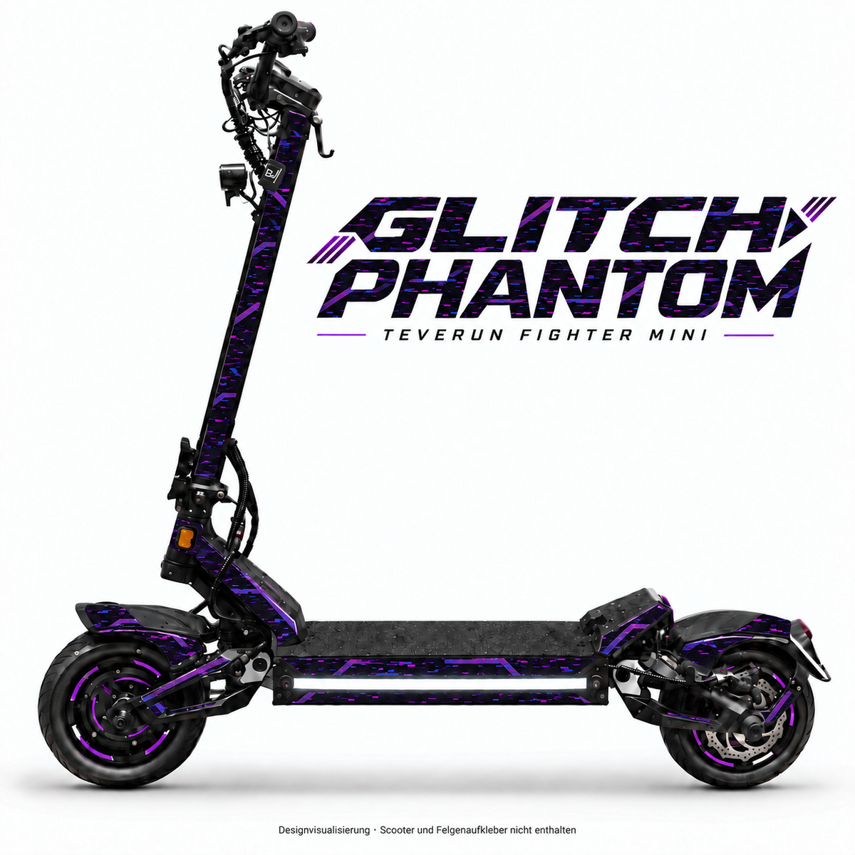 Teverun Fighter Mini GLITCH PHANTOM Skin – Designansicht mit freier mittiger Seitenlichtleiste