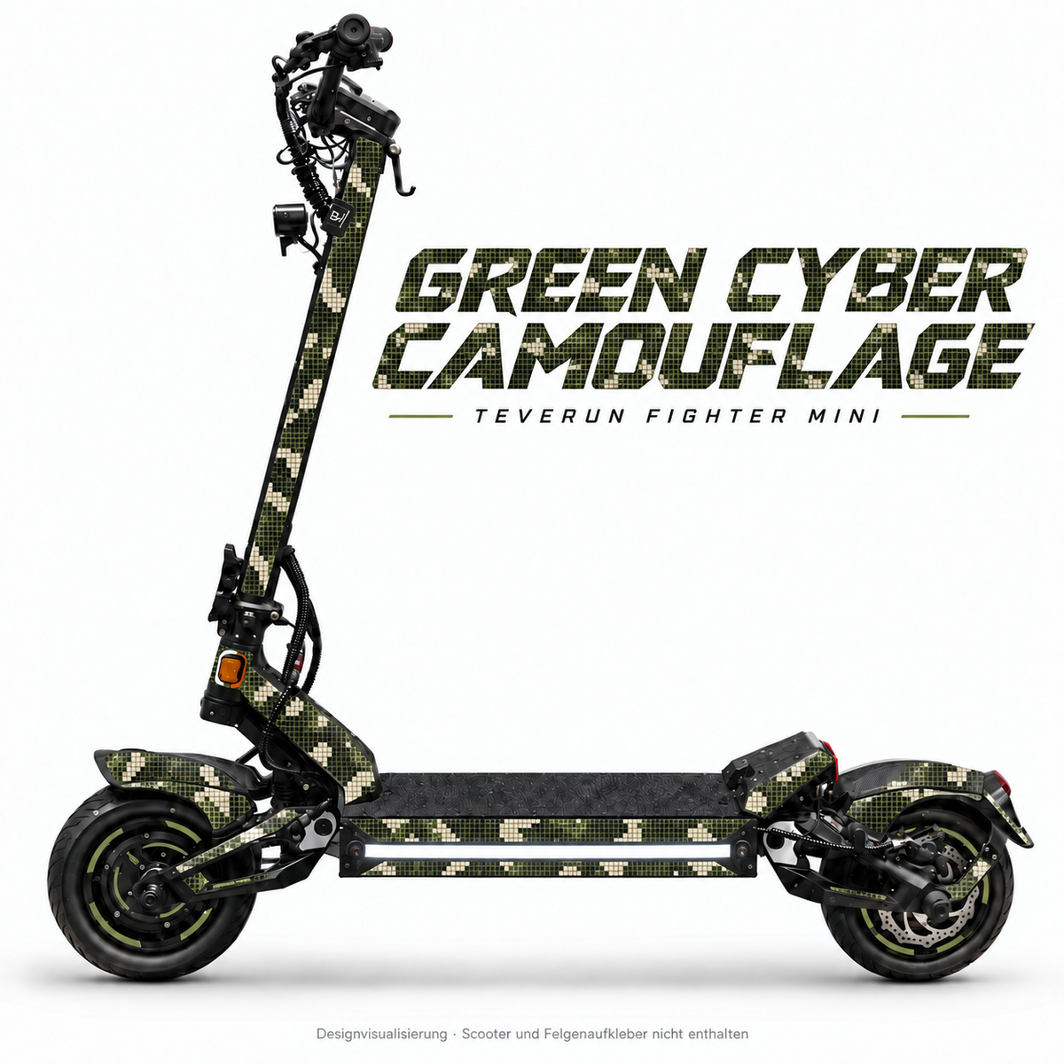 Teverun Fighter Mini GREEN CYBER CAMOUFLAGE Skin – Designansicht mit freier mittiger Seitenlichtleiste