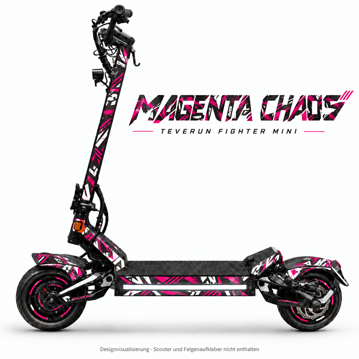 Teverun Fighter Mini MAGENTA CHAOS Skin – Designansicht mit freier mittiger Seitenlichtleiste