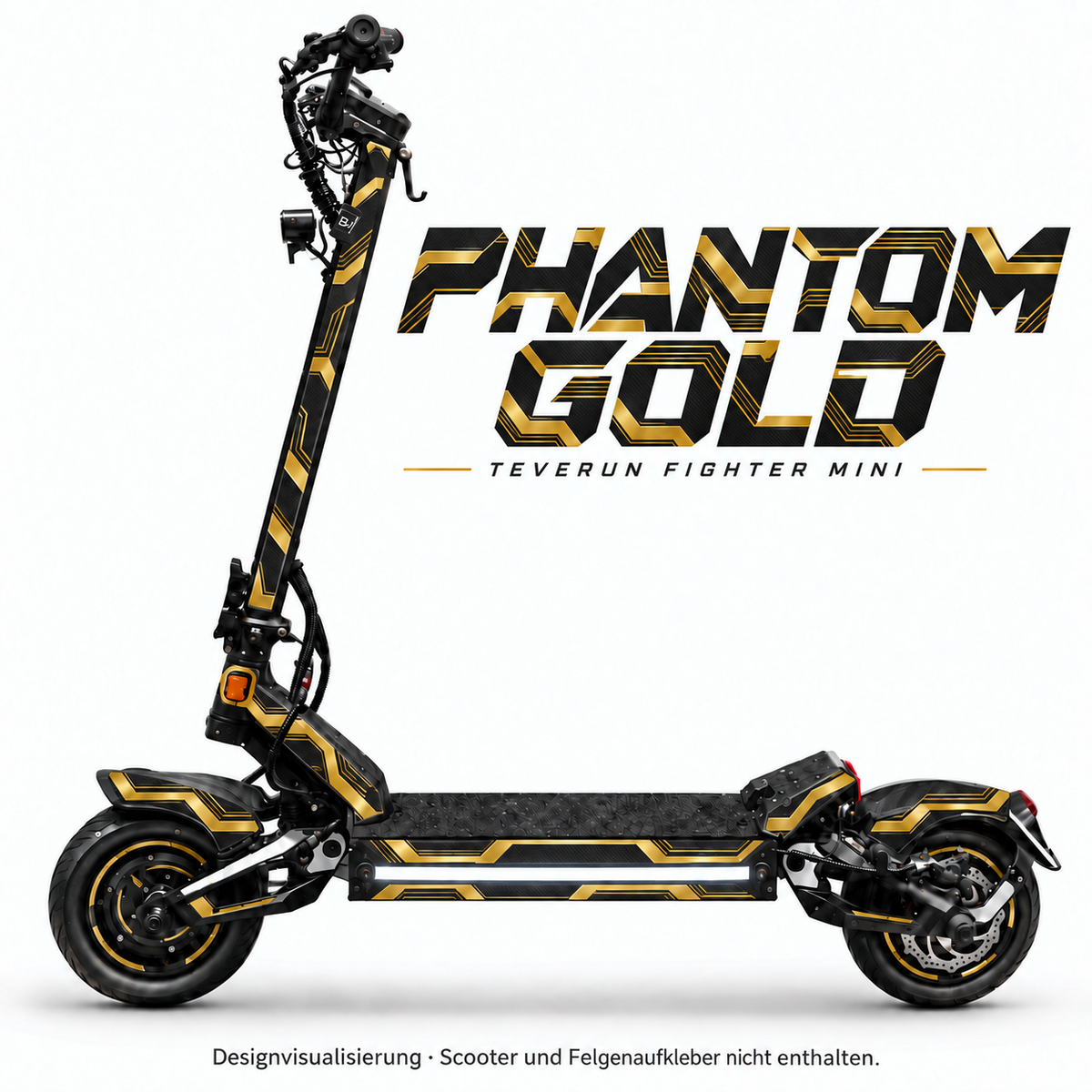 Teverun Fighter Mini PHANTOM GOLD Skin – Designansicht mit freier mittiger Seitenlichtleiste
