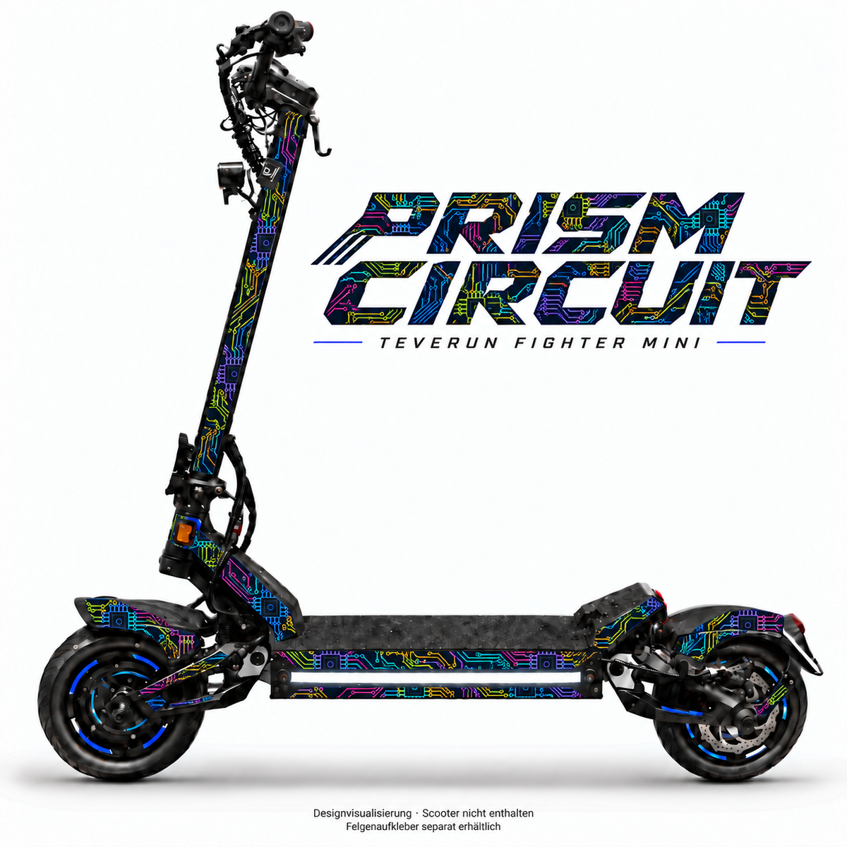 PRISM CIRCUIT Skin am Teverun Fighter Mini – Designvisualisierung, Felgenaufkleber separat