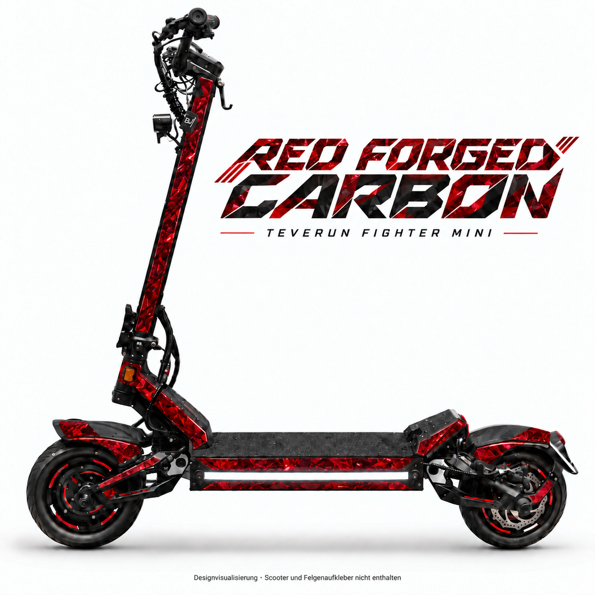 Teverun Fighter Mini RED FORGED CARBON Skin – Designansicht mit freier mittiger Seitenlichtleiste