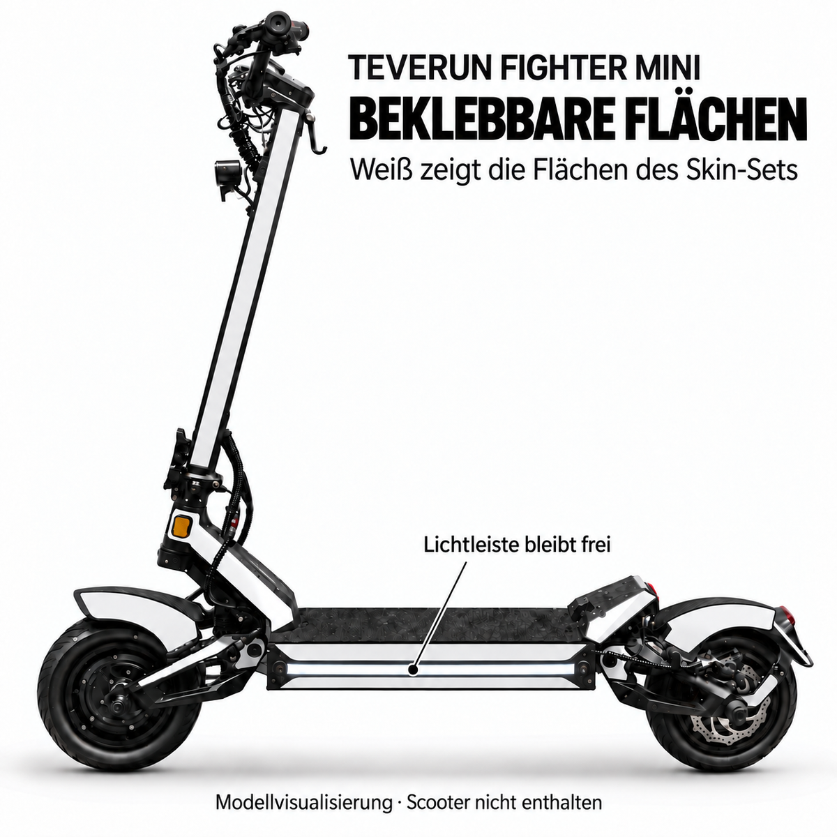 teverun-fighter-mini – Flächen des Skin-Sets in Weiß. Modellvisualisierung, Leuchten und Reflektoren bleiben frei.