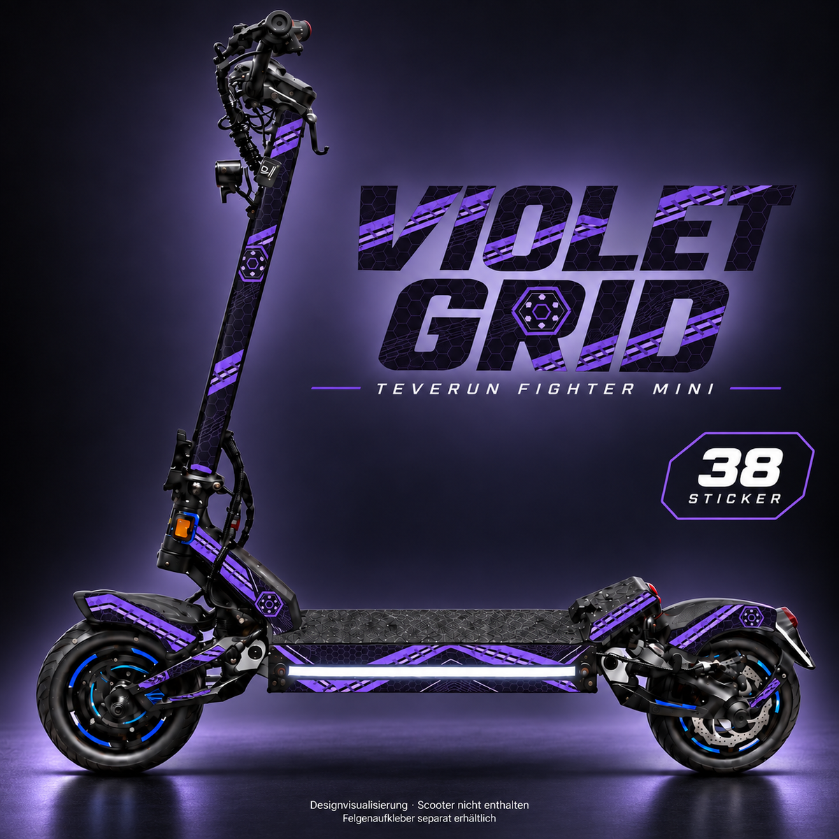 VIOLET GRID Skin für Teverun Fighter Mini. Felgenaufkleber separat erhältlich.