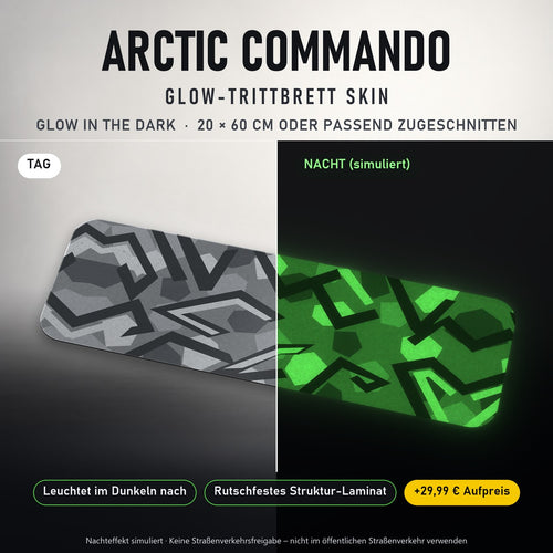 TRITTBRETT SKIN | ARCTIC COMMANDO – Glow in the Dark (+29,99 €): Tag und Nacht im Vergleich, Nachteffekt simuliert. Keine Straßenverkehrsfreigabe.