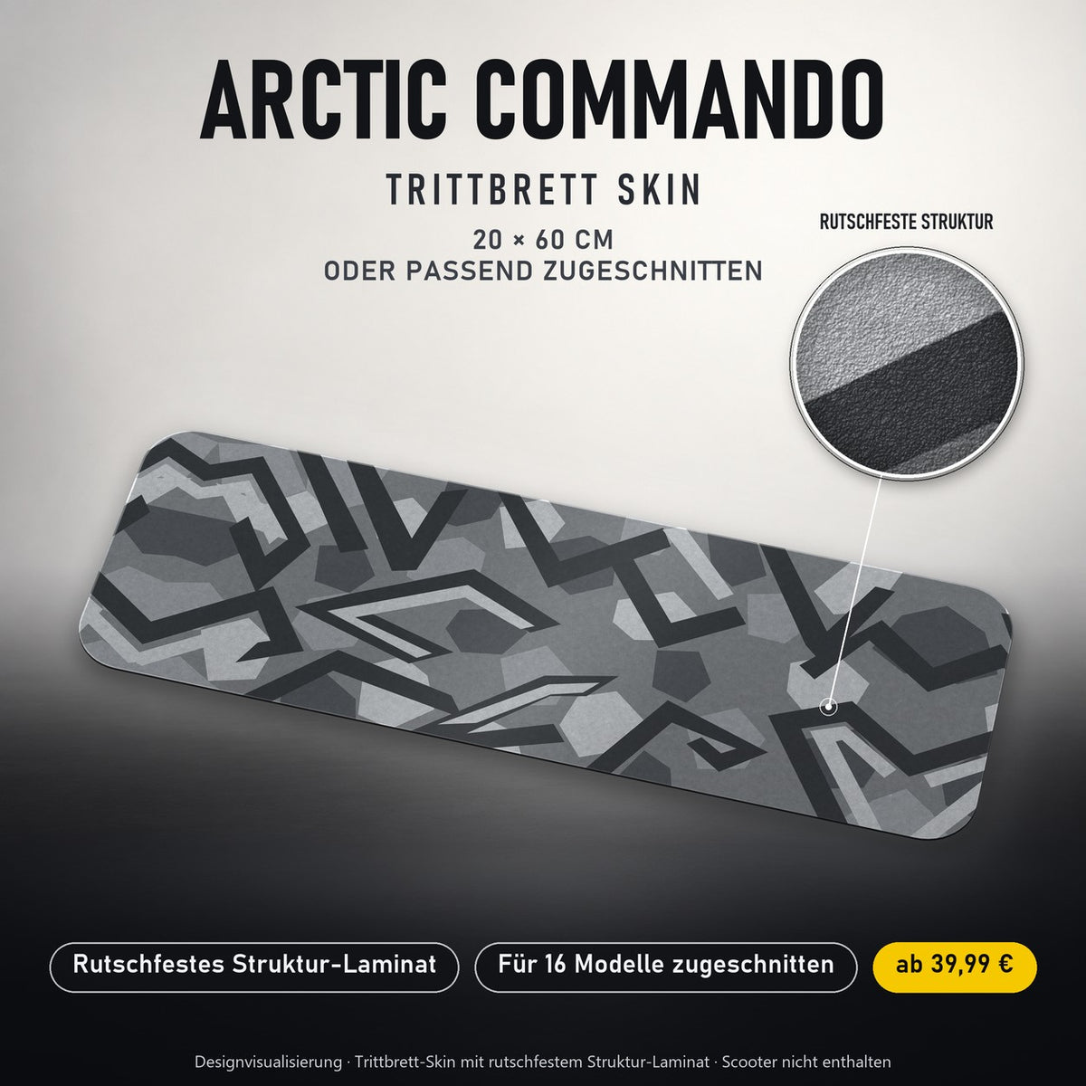TRITTBRETT SKIN | ARCTIC COMMANDO – Trittbrett-Skin 20 × 60 cm oder passend zugeschnitten, mit rutschfestem Struktur-Laminat. Designvisualisierung.
