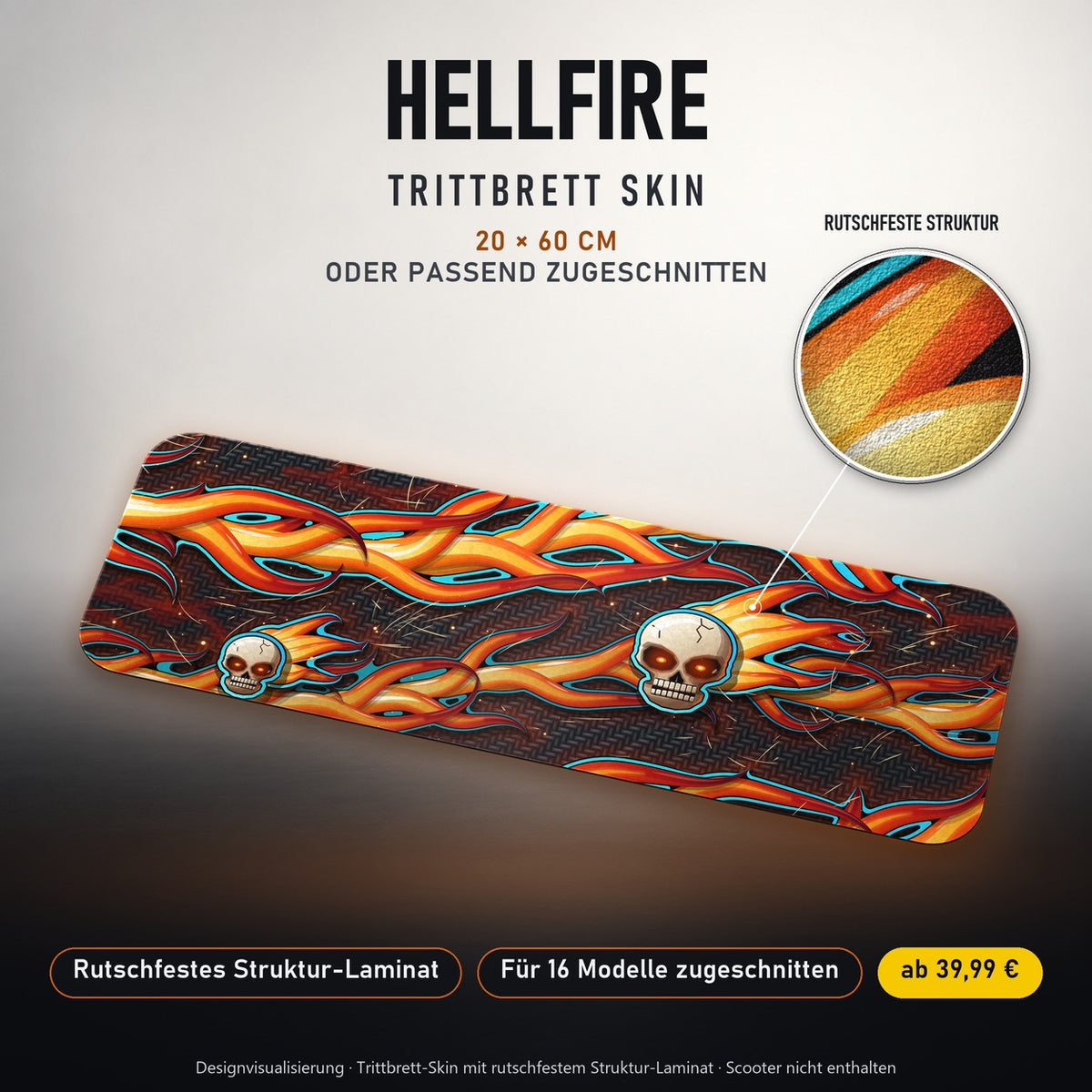 TRITTBRETT SKIN | HELLFIRE – Trittbrett-Skin 20 × 60 cm oder passend zugeschnitten, mit rutschfestem Struktur-Laminat. Designvisualisierung.