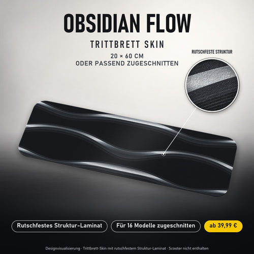 TRITTBRETT SKIN | OBSIDIAN FLOW – Trittbrett-Skin 20 × 60 cm oder passend zugeschnitten, mit rutschfestem Struktur-Laminat. Designvisualisierung.
