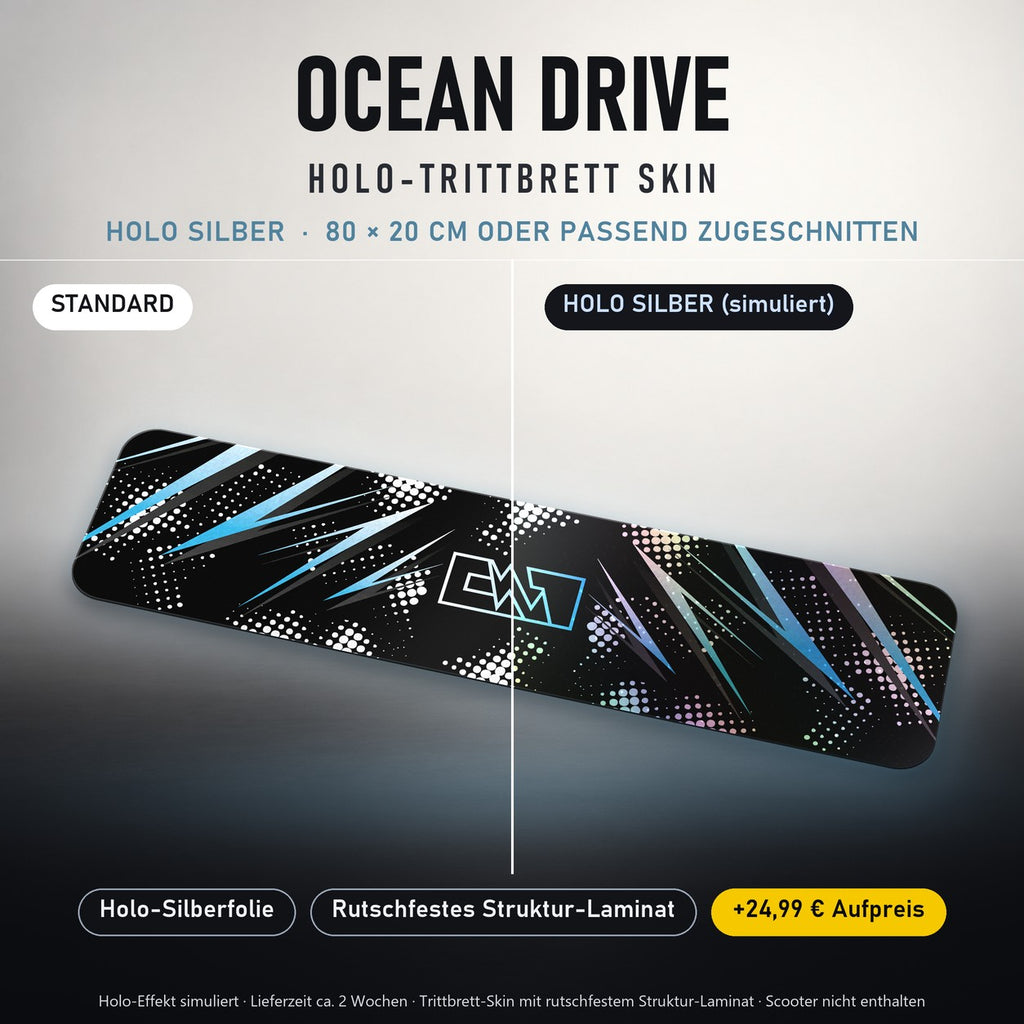 TRITTBRETT SKIN | OCEAN DRIVE – Holo Silber (+24,99 €, Lieferzeit ca. 2 Wochen): Standard und Holo-Silberfolie im Vergleich, Holo-Effekt simuliert.