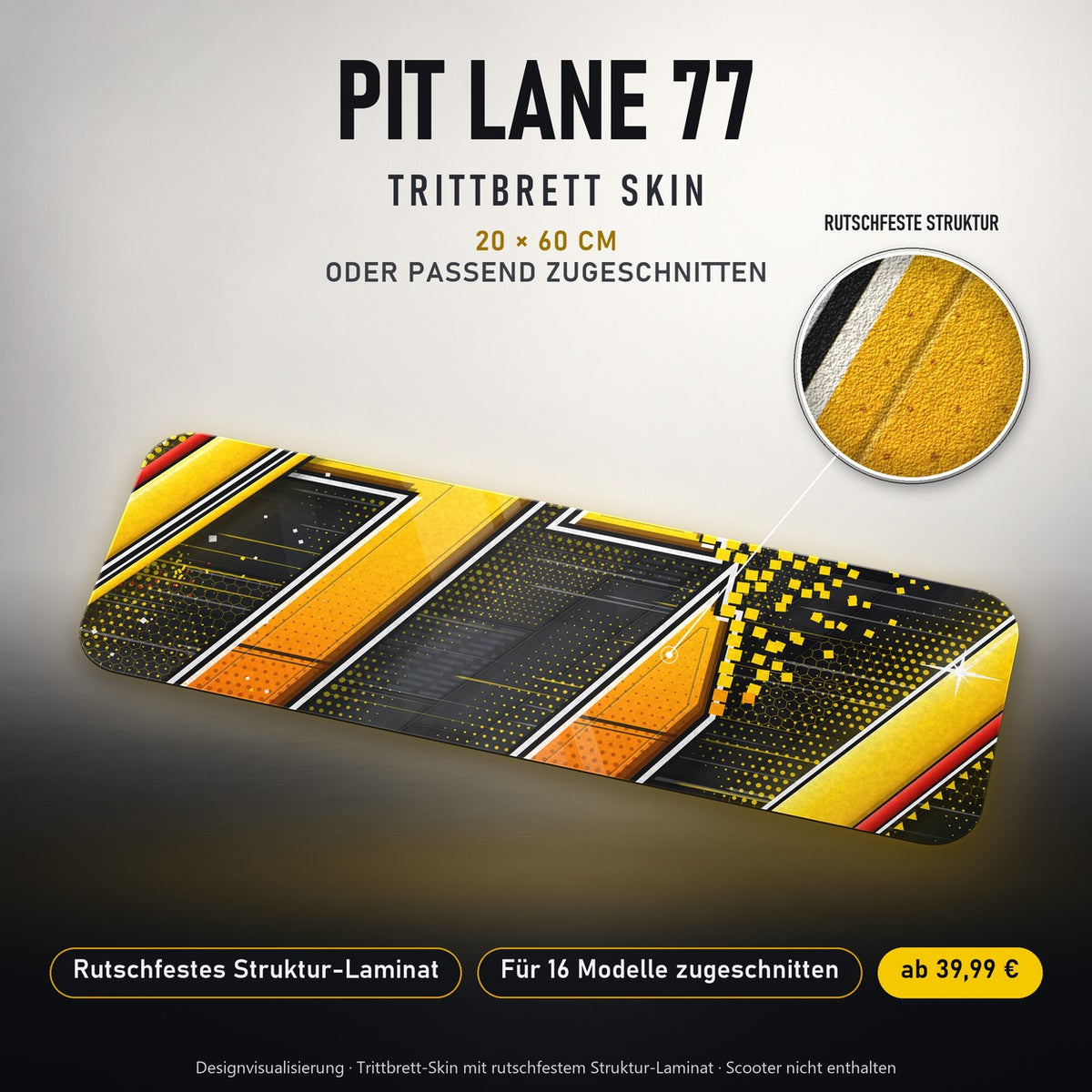 TRITTBRETT SKIN | PIT LANE 77 – Trittbrett-Skin 20 × 60 cm oder passend zugeschnitten, mit rutschfestem Struktur-Laminat. Designvisualisierung.