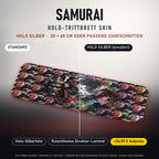 TRITTBRETT SKIN | SAMURAI – Holo Silber (+24,99 €, Lieferzeit ca. 2 Wochen): Standard und Holo-Silberfolie im Vergleich, Holo-Effekt simuliert.
