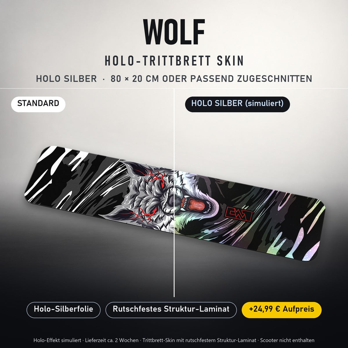 TRITTBRETT SKIN | WOLF – Holo Silber (+24,99 €, Lieferzeit ca. 2 Wochen): Standard und Holo-Silberfolie im Vergleich, Holo-Effekt simuliert.