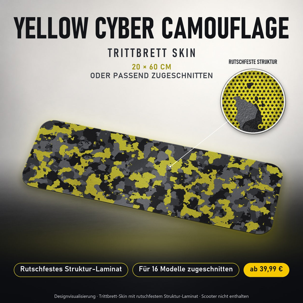 TRITTBRETT SKIN | YELLOW CYBER CAMOUFLAGE – Trittbrett-Skin 20 × 60 cm oder passend zugeschnitten, mit rutschfestem Struktur-Laminat. Designvisualisierung.
