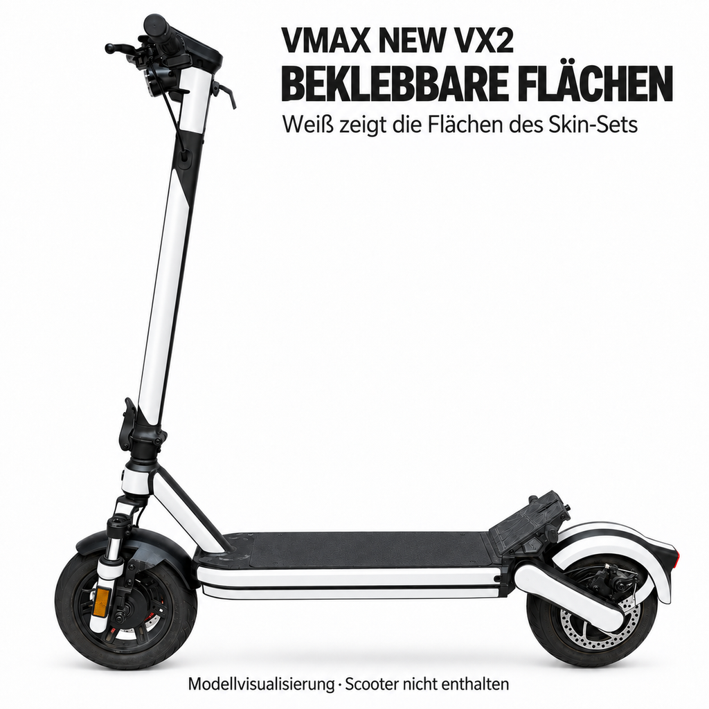 VMAX NEW VX2 – Flächen des Skin-Sets in Weiß. Modellvisualisierung; Leuchten, Reflektoren und Trittfläche bleiben frei.