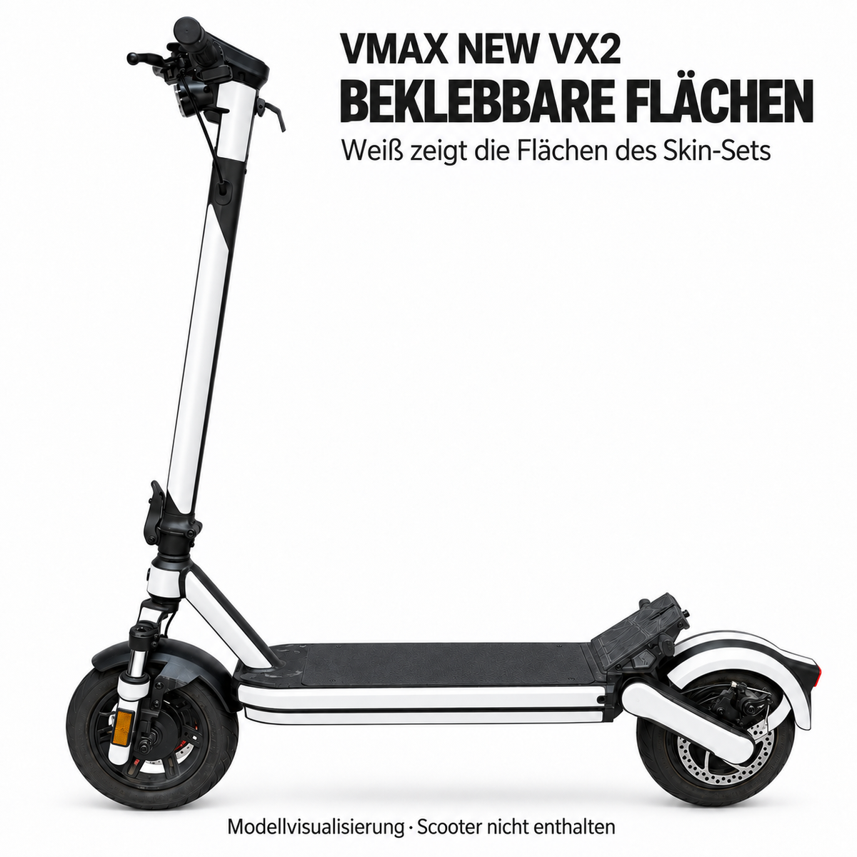 VMAX NEW VX2 – Flächen des Skin-Sets in Weiß. Modellvisualisierung; Leuchten, Reflektoren und Trittfläche bleiben frei.