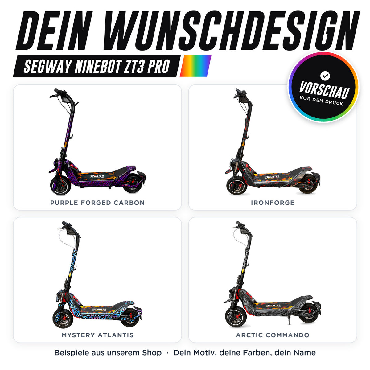 Segway Ninebot ZT3 Pro Skin Custom – dein Wunschdesign, Beispiele aus unserem Shop | Escooter Skins