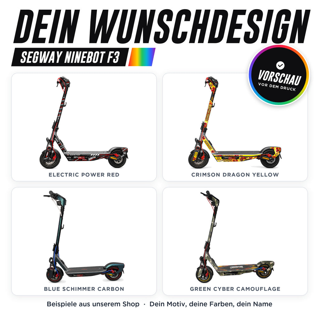 Segway Ninebot F3 Skin Custom – dein Wunschdesign, Beispiele aus unserem Shop | Escooter Skins