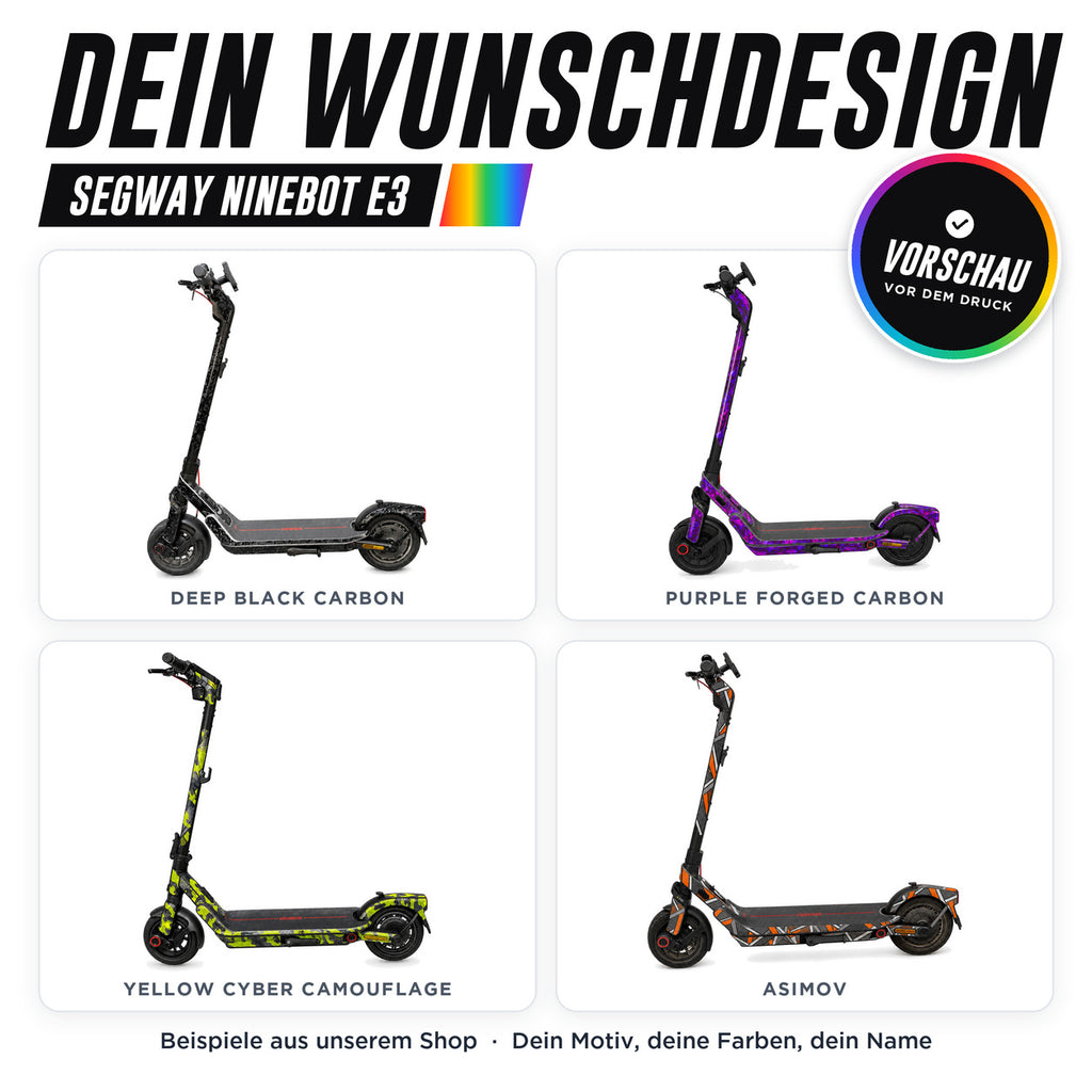 Segway Ninebot E3 Skin Custom – dein Wunschdesign, Beispiele aus unserem Shop | Escooter Skins