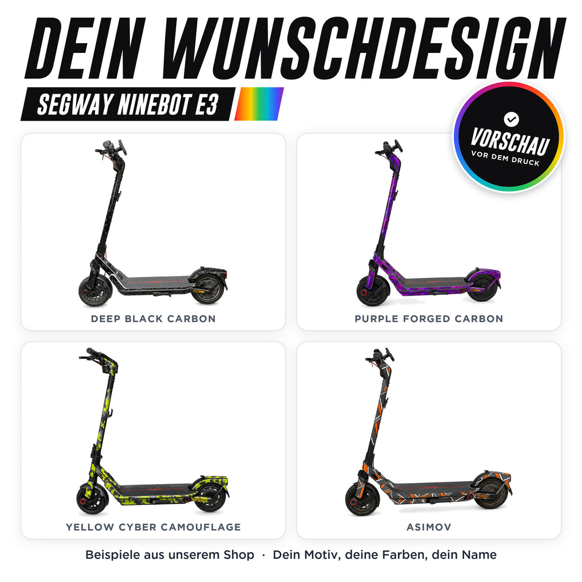 Segway Ninebot E3 Skin Custom – dein Wunschdesign, Beispiele aus unserem Shop | Escooter Skins