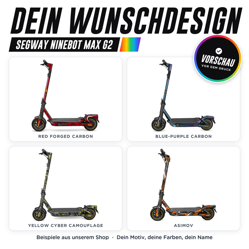 Segway Ninebot G2 Max Skin Custom – dein Wunschdesign, Beispiele aus unserem Shop | Escooter Skins