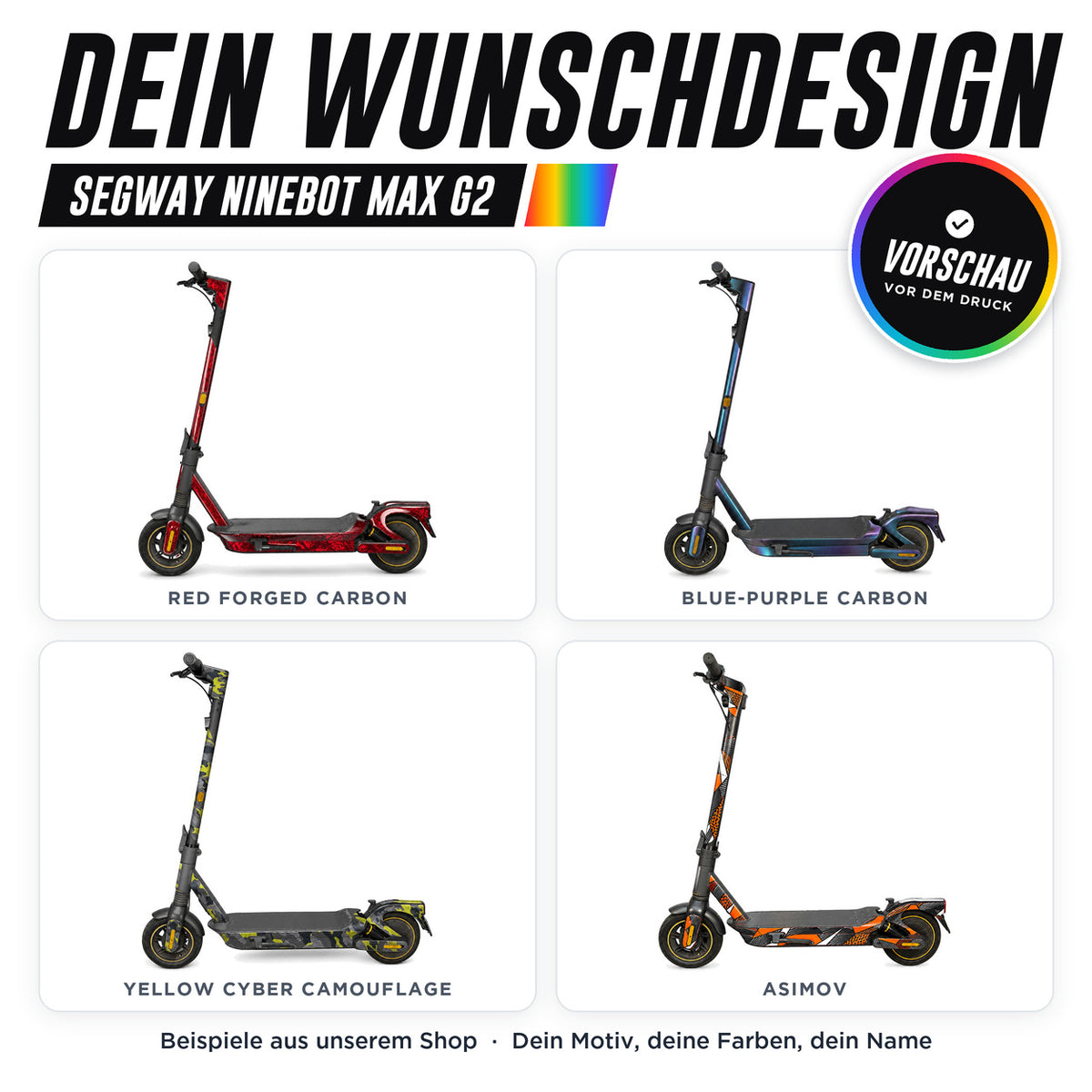 Segway Ninebot G2 Max Skin Custom – dein Wunschdesign, Beispiele aus unserem Shop | Escooter Skins
