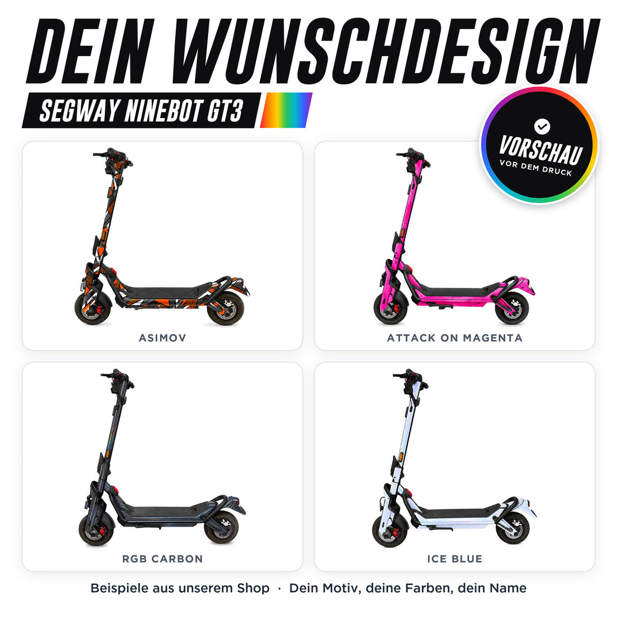 Segway Ninebot GT3 Skin Custom – dein Wunschdesign, Beispiele aus unserem Shop | Escooter Skins