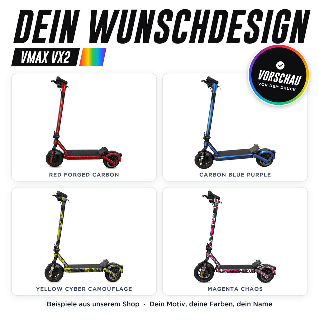 VMAX VX2 Skin Custom – dein Wunschdesign, Beispiele aus unserem Shop | Escooter Skins