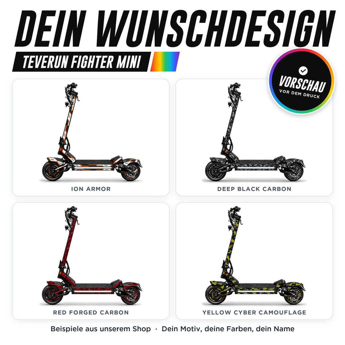 Teverun Fighter Mini Skin Custom – dein Wunschdesign, Beispiele aus unserem Shop | Escooter Skins