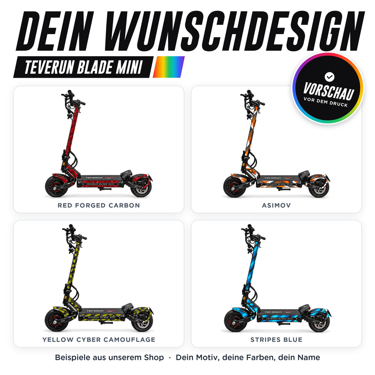 Teverun Blade Mini Skin Custom – dein Wunschdesign, Beispiele aus unserem Shop | Escooter Skins