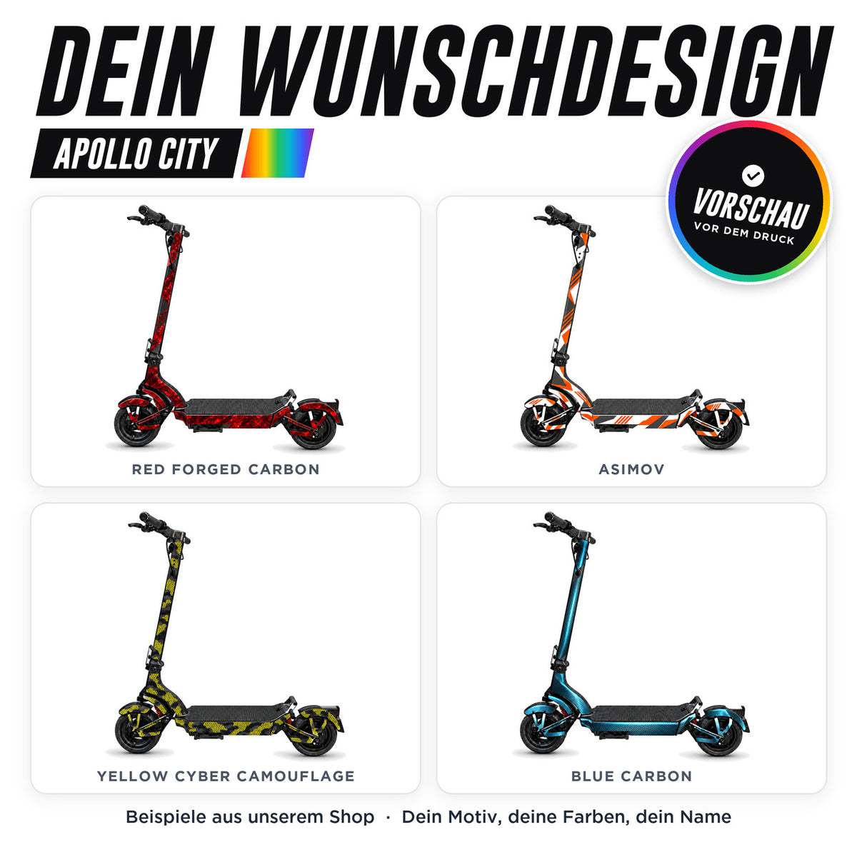 Apollo City Skin Custom – dein Wunschdesign, Beispiele aus unserem Shop | Escooter Skins