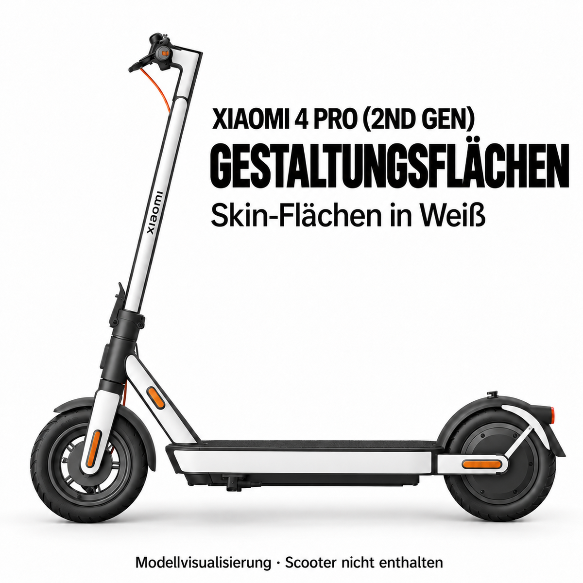 Xiaomi 4 Pro (2nd Gen) – weiße Skinflächen einschließlich oberer Lenkerecke, hinterer Schutzblechstrebe und vorderer Fläche um das Katzenauge. Reflektoren und Leuchten bleiben frei; Scooter nicht enthalten.