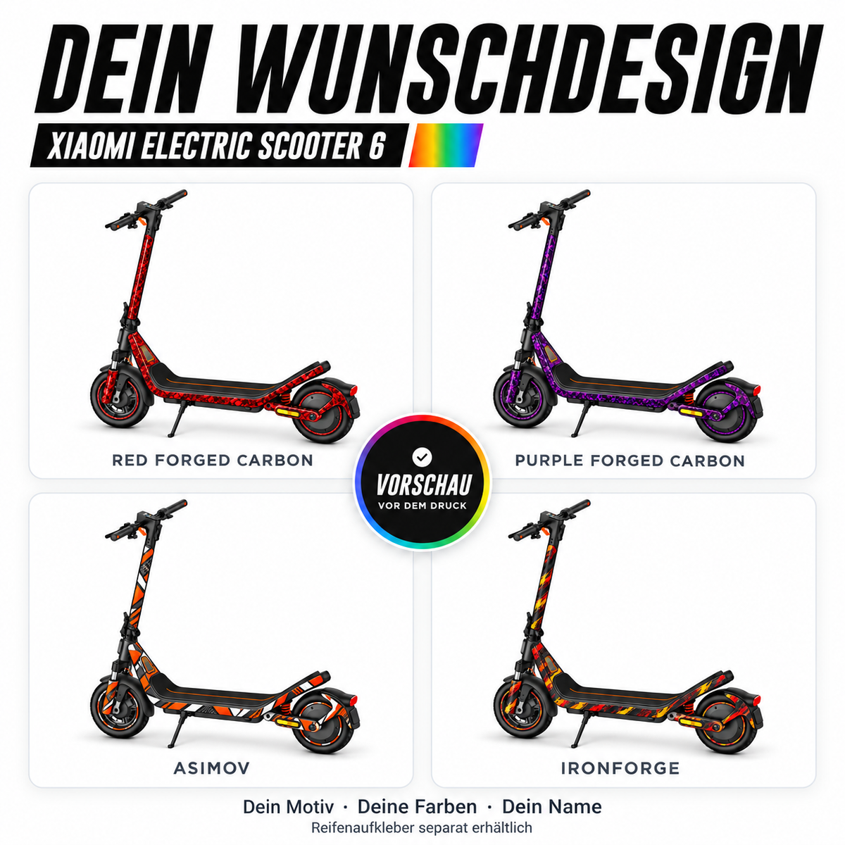 Xiaomi Electric Scooter 6 Custom-Skin – Dein Wunschdesign. Reifenaufkleber separat erhältlich.