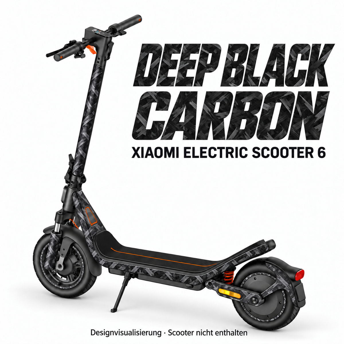 Xiaomi Electric Scooter 6 Skin DEEP BLACK CARBON – Designvisualisierung. Reifenaufkleber separat erhältlich. Scooter nicht enthalten.