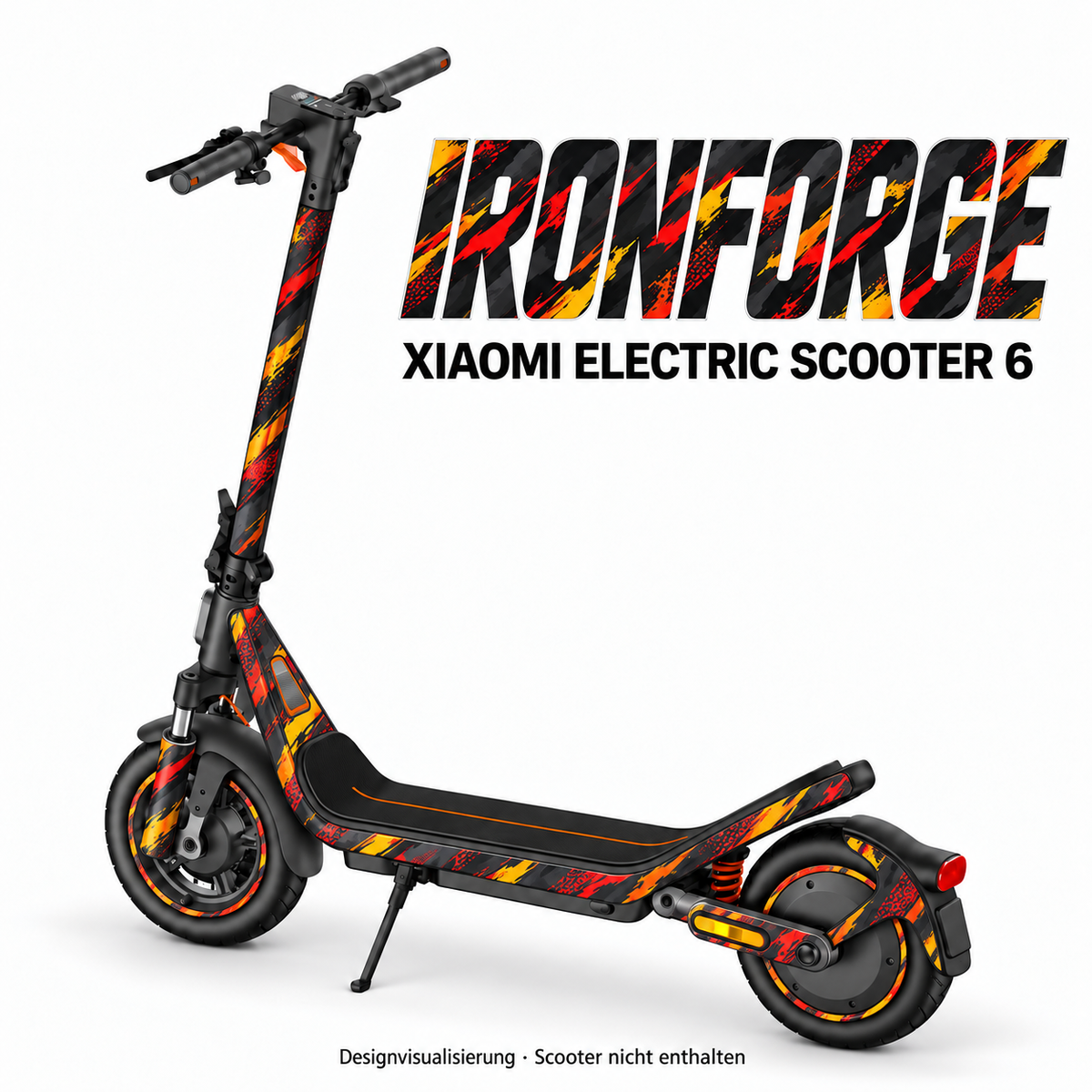 Xiaomi Electric Scooter 6 – Designbeispiel IRONFORGE. Reifenaufkleber separat erhältlich.