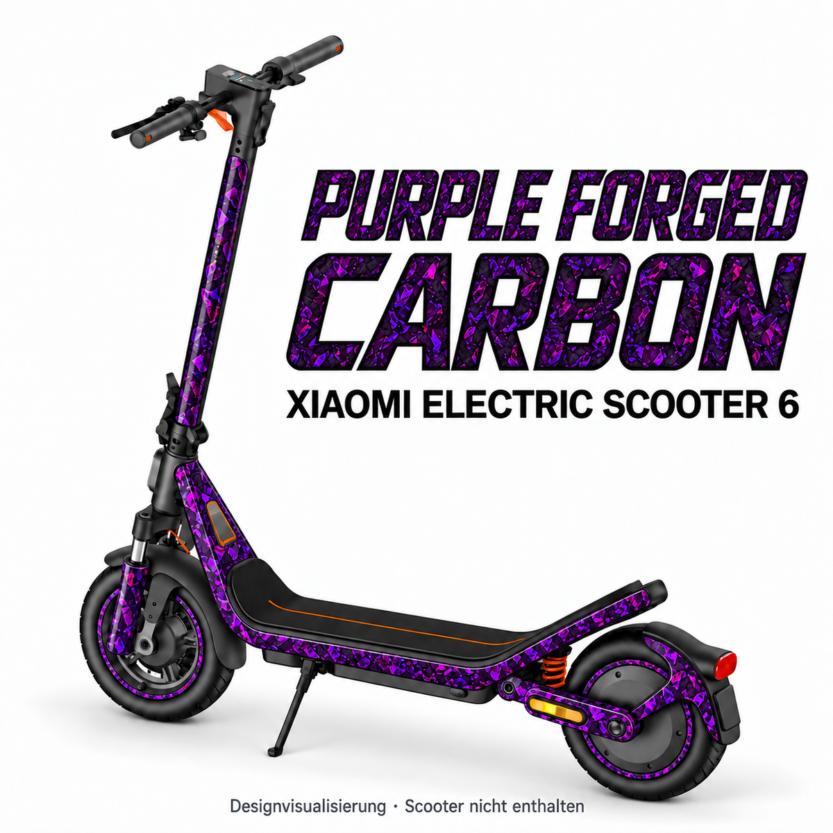 Xiaomi Electric Scooter 6 Skin PURPLE FORGED CARBON – Designvisualisierung. Reifenaufkleber separat erhältlich. Scooter nicht enthalten.