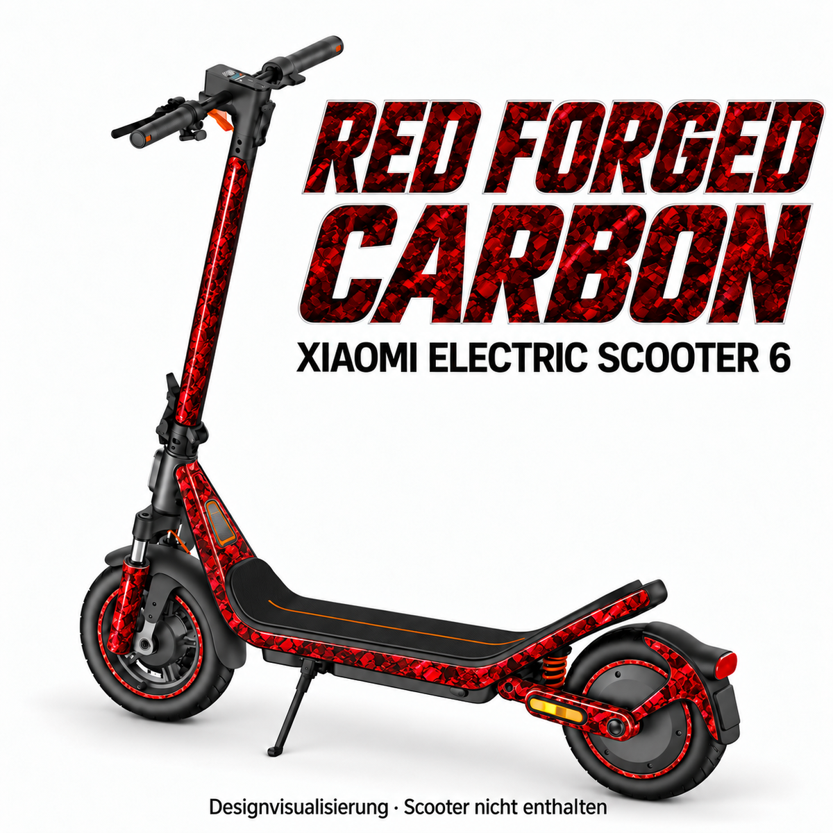 Xiaomi Electric Scooter 6 Skin RED FORGED CARBON – Designvisualisierung. Reifenaufkleber separat erhältlich. Scooter nicht enthalten.