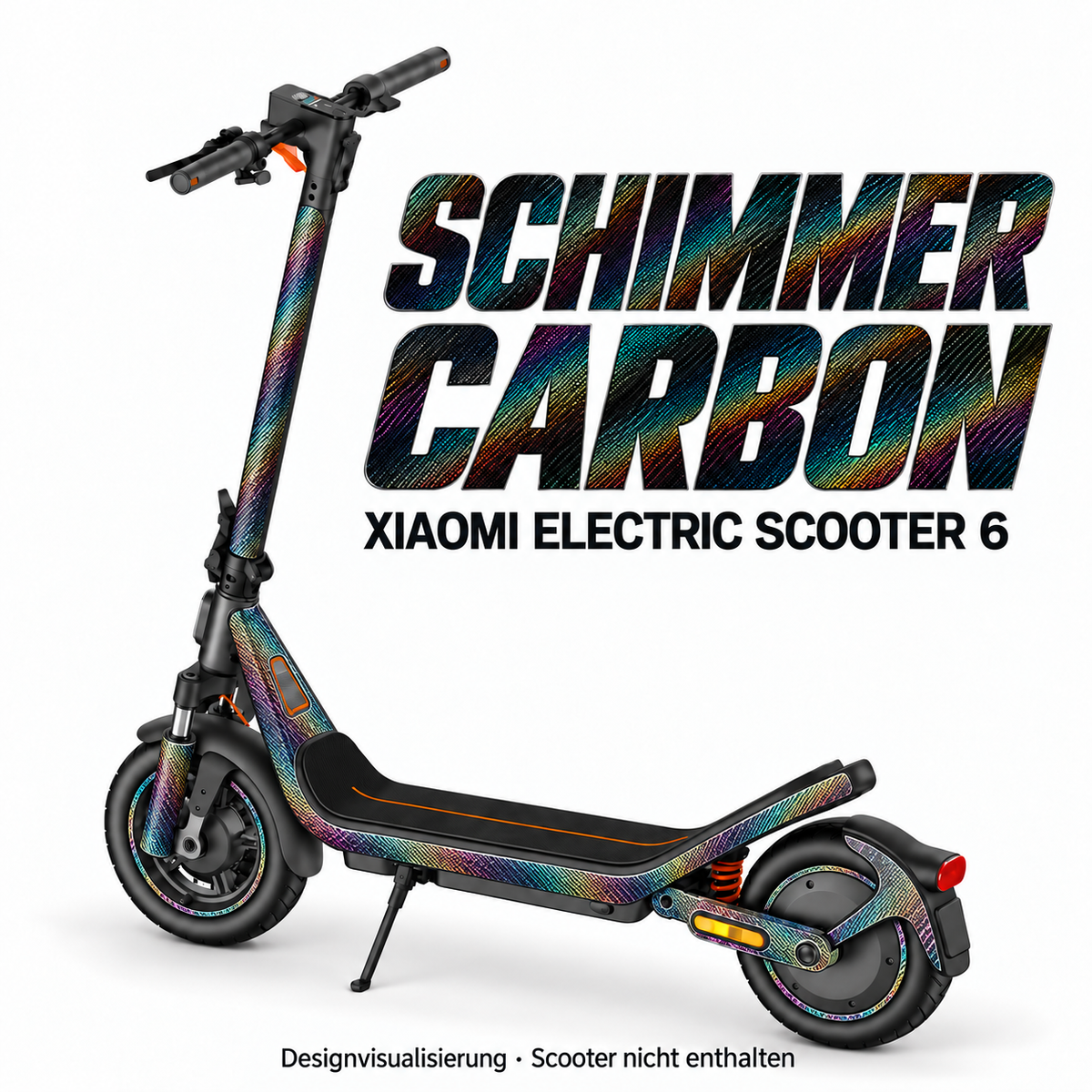 Xiaomi Electric Scooter 6 Skin SCHIMMER CARBON – Designvisualisierung. Reifenaufkleber separat erhältlich. Scooter nicht enthalten.