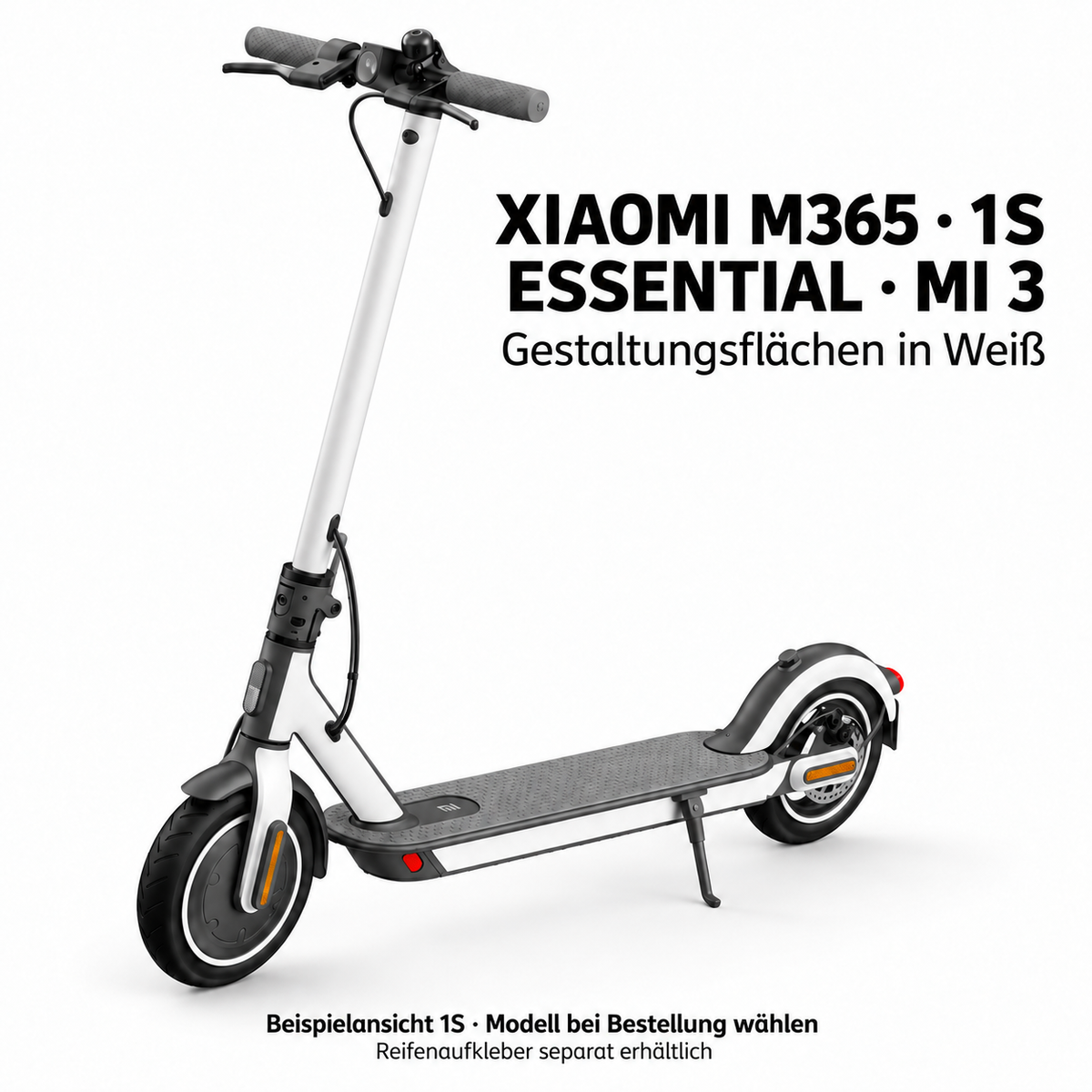 Xiaomi M365 / 1S / Essential / Mi 3 – Gestaltungsflächen in Weiß. Reifenaufkleber separat erhältlich.