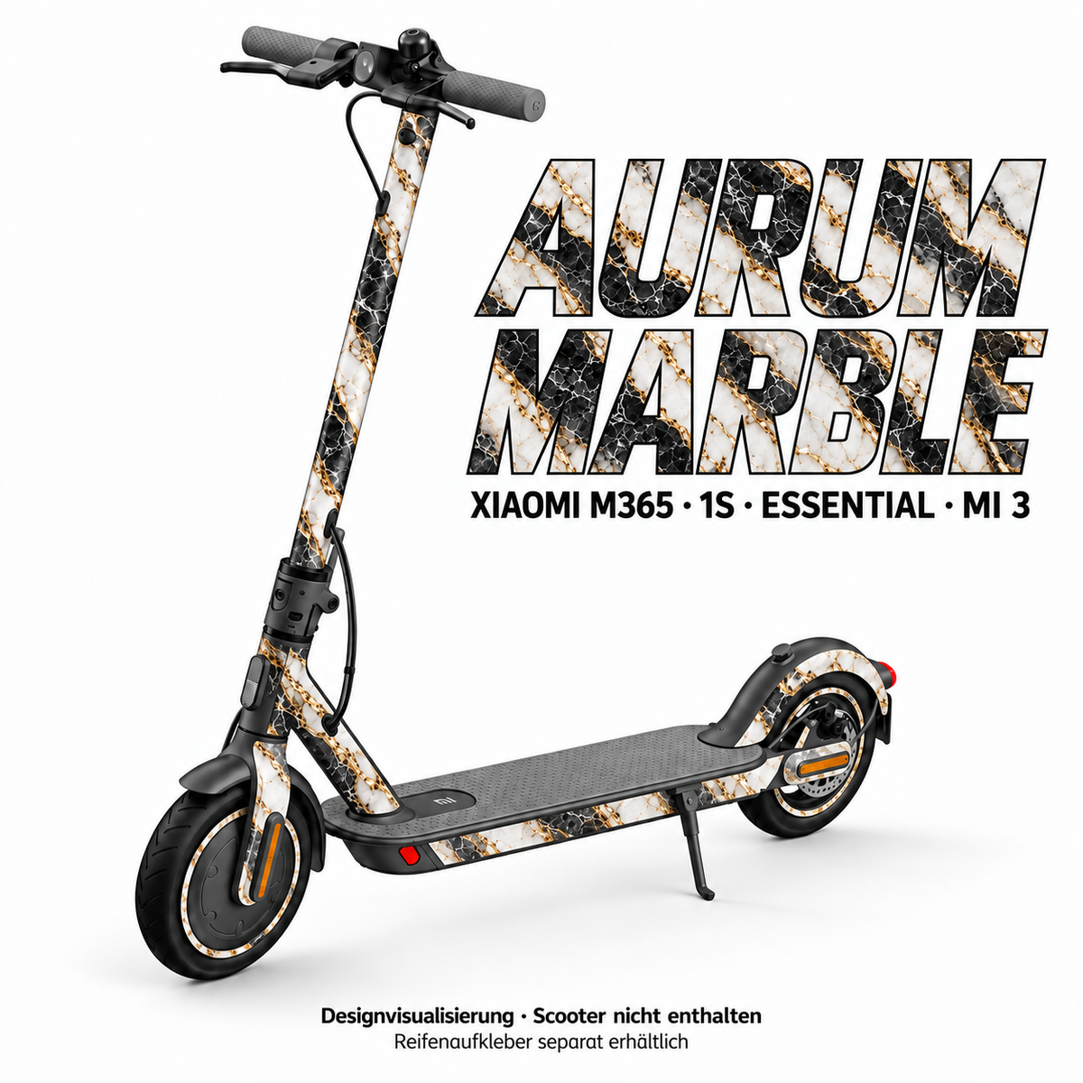 XIAOMI M365 / 1S / ESSENTIAL / MI 3 SKIN | AURUM MARBLE – Designvisualisierung; Scooter nicht enthalten. Reifenaufkleber separat erhältlich.