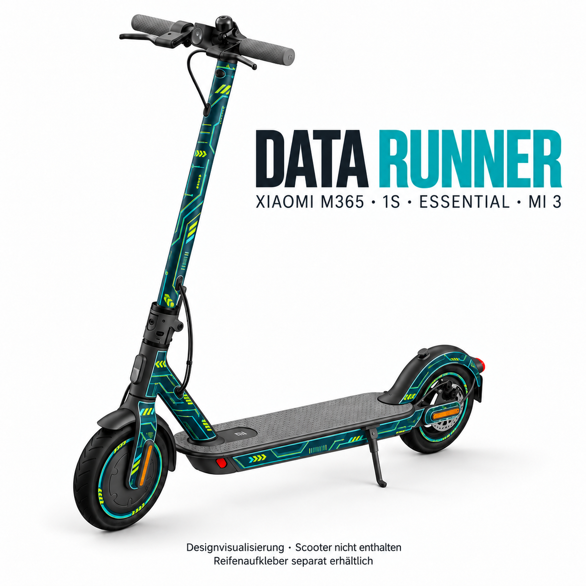 XIAOMI M365 / 1S / ESSENTIAL / MI 3 SKIN | DATA RUNNER – Designvisualisierung; Scooter nicht enthalten. Reifenaufkleber separat erhältlich.