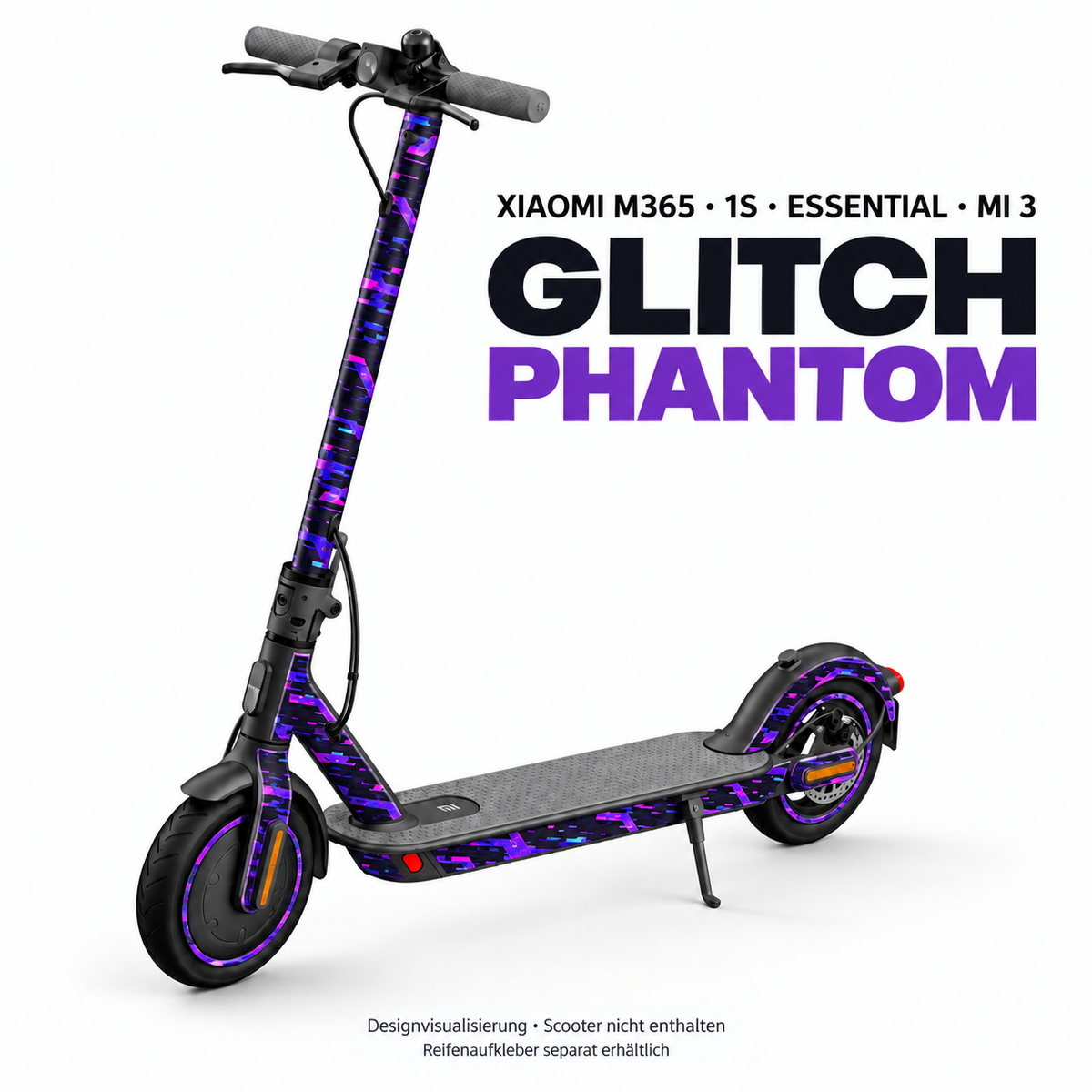 XIAOMI M365 / 1S / ESSENTIAL / MI 3 SKIN | GLITCH PHANTOM – Designvisualisierung; Scooter nicht enthalten. Reifenaufkleber separat erhältlich.