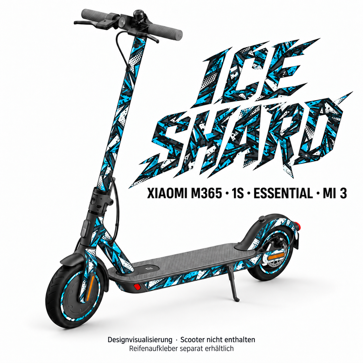 XIAOMI M365 / 1S / ESSENTIAL / MI 3 SKIN | ICE SHARD – Designvisualisierung; Scooter nicht enthalten. Reifenaufkleber separat erhältlich.