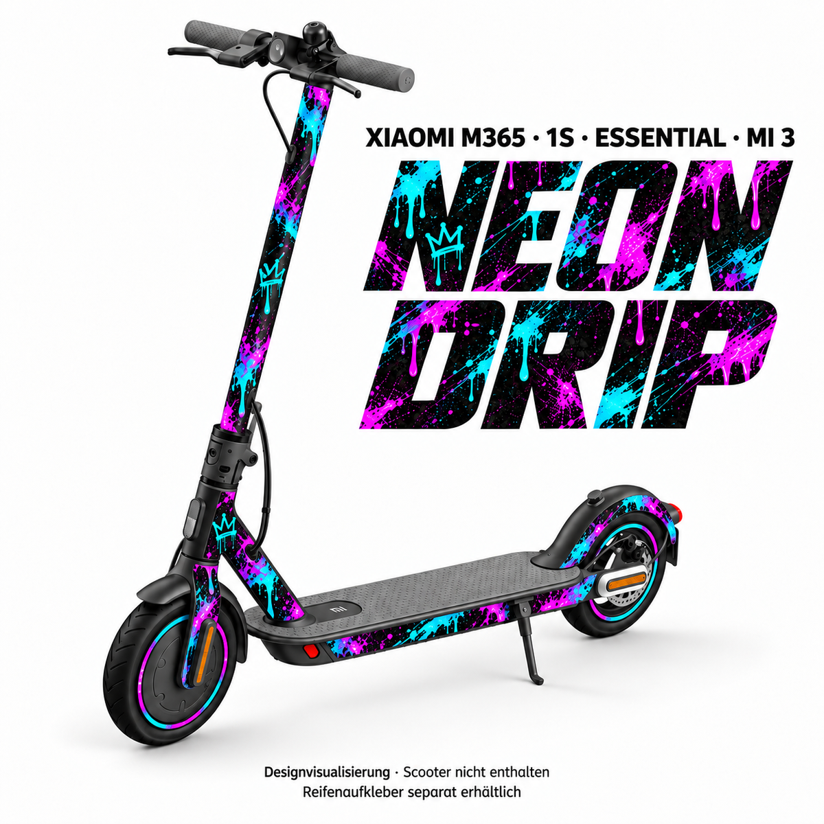XIAOMI M365 / 1S / ESSENTIAL / MI 3 SKIN | NEON DRIP – Designvisualisierung; Scooter nicht enthalten. Reifenaufkleber separat erhältlich.