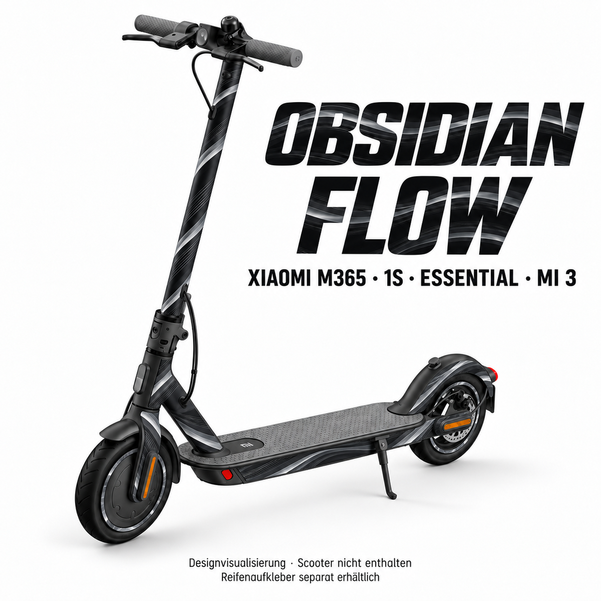 XIAOMI M365 / 1S / ESSENTIAL / MI 3 SKIN | OBSIDIAN FLOW – Designvisualisierung; Scooter nicht enthalten. Reifenaufkleber separat erhältlich.