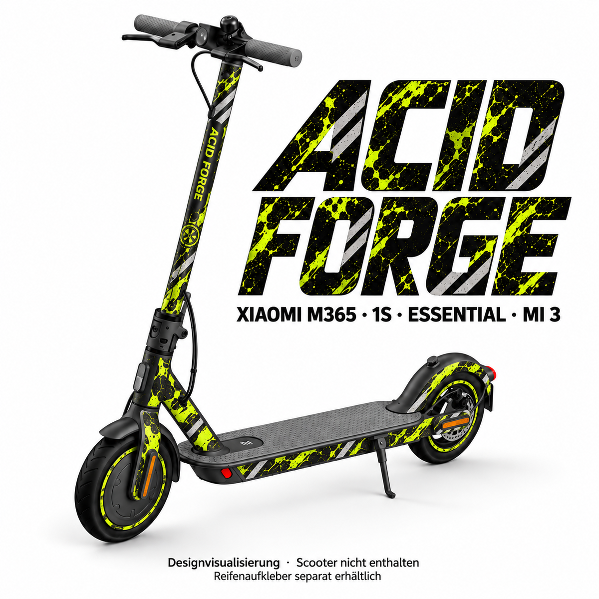 Xiaomi M365 / 1S / Essential / Mi 3 – ACID FORGE. Designvisualisierung; Reifenaufkleber separat erhältlich.