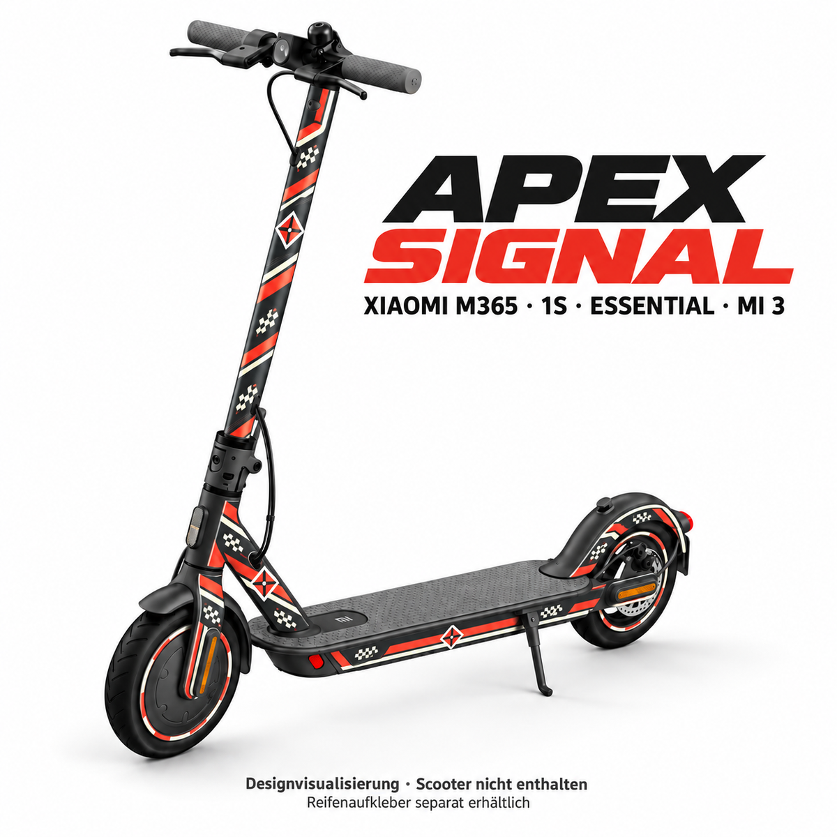 Xiaomi M365 / 1S / Essential / Mi 3 – APEX SIGNAL. Designvisualisierung; Reifenaufkleber separat erhältlich.